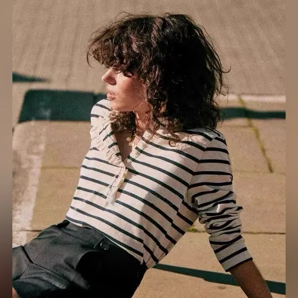 Sézane Gael Mariniere Striped Long Sleeve Top with Ruffles - Image 2