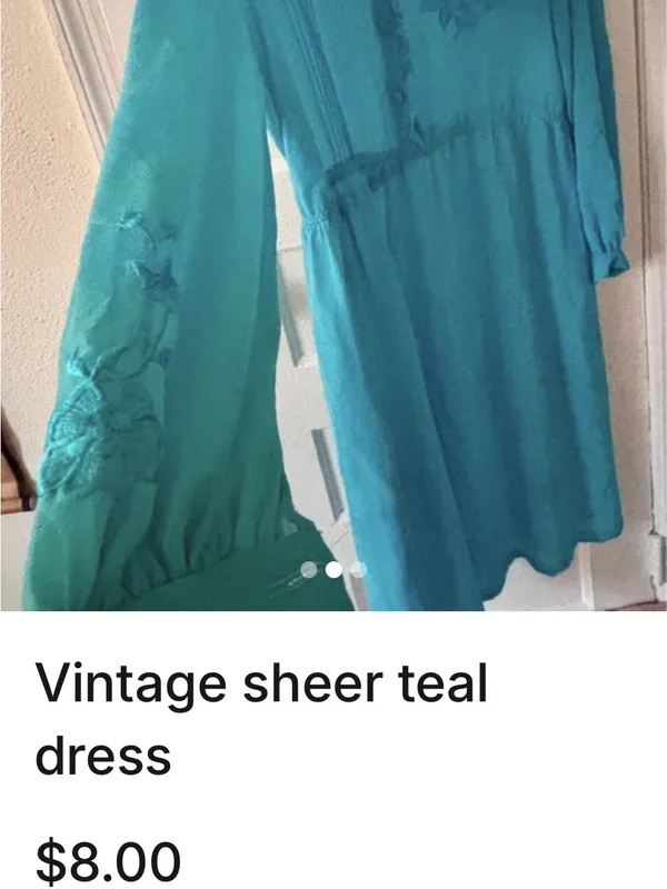 Vintage Teal Long Sleeve Midi Dress with Pintuck and Embroidered Detail - Image 2