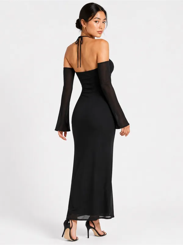 Runaway The Label Black Halter Mesh Sleeve Maxi Dress US Size 10 Gothic Formal - Image 9