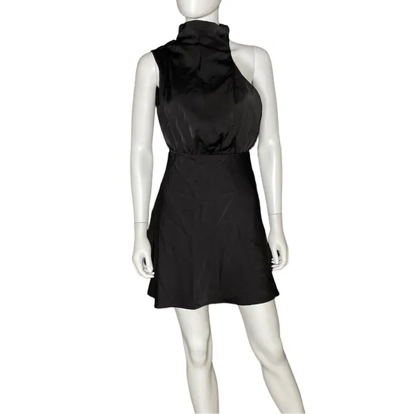 Lulus Modern Instinct Black Satin Mock Neck A-Line Mini Dress Women’s Sz S - Image 2