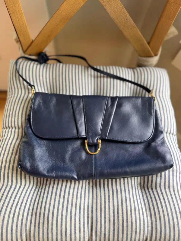 Vintage 80s 90s Navy Gold Genuine Leather Purse Shoulder Bag - Image 2