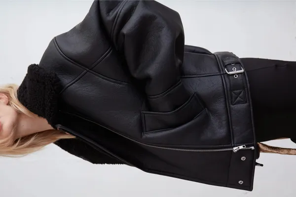 Oak + Fort Black Faux Leather Jacket with Shearling Collar - Image 5