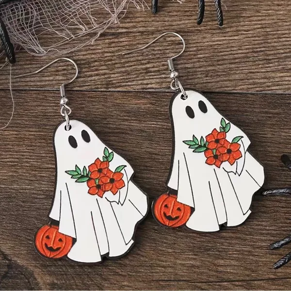 White Ghost Pumpkin Pattern Dangle Halloween Earrings‎ Wooden Jewelry - Image 5