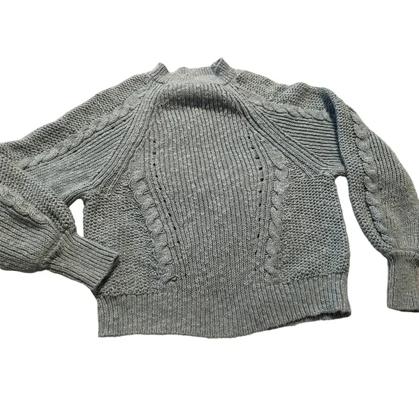 American‎ Eagle Sweater Cable Knit Grey Mock Neck Balloon Sleeve Womens S Boho - Image 2