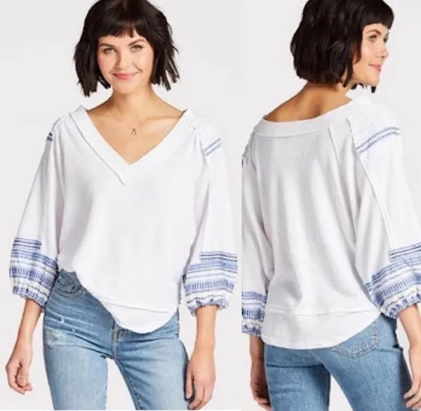 Free People We The Free Bubble Thermal V-Neck Embroidered Tee Shirt - Image 2