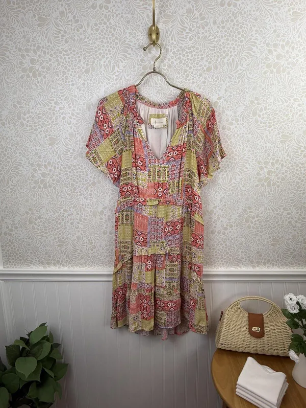 Anthropologie Pink and Yellow Robin Tiered Patchwork Mini Dress - Size - Small - Image 3