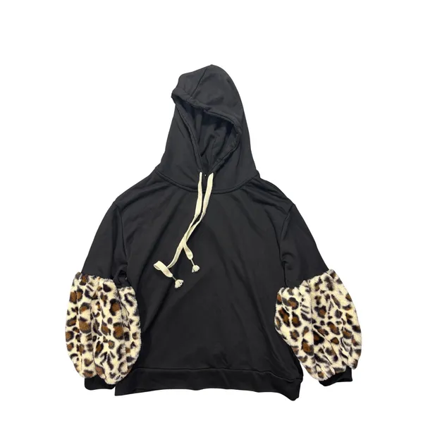 POL Hoodie Small Black Faux Fur Leopard Print Sleeve Pullover Sweatshirt Cheetah - Image 6