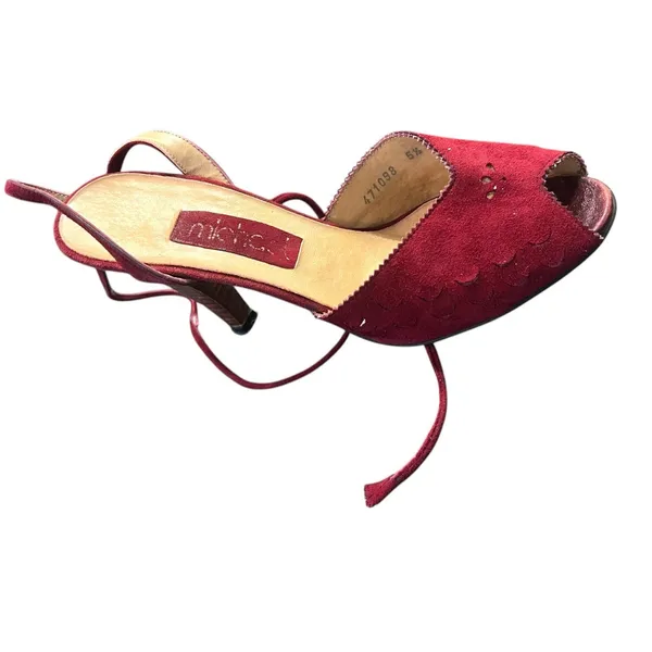 70's vintage burgundy suede peep toe sandals wrap kitten heels ankle strap 5 - Image 2