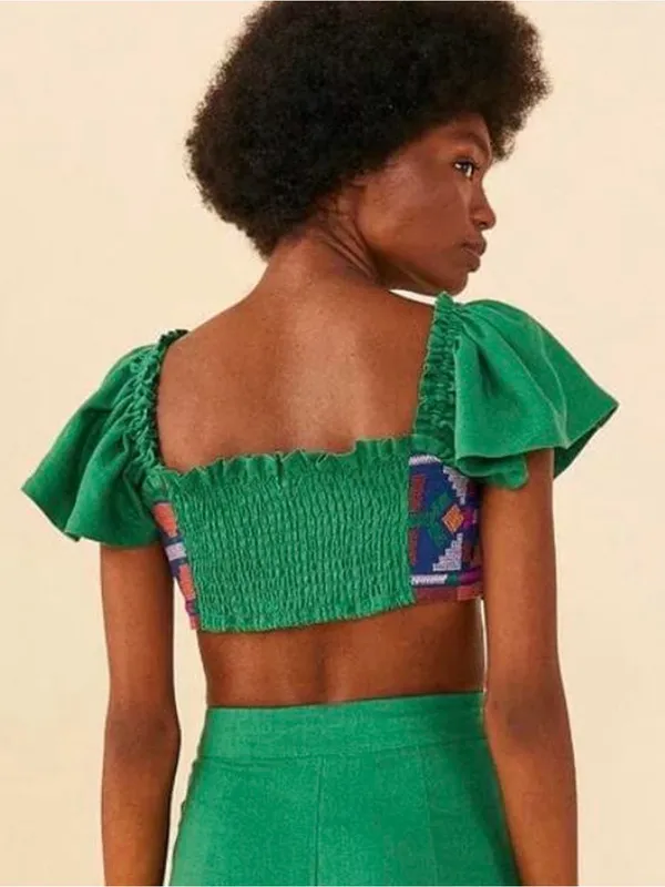 Nwt Farm Rio Embroidered Green Linen Boho Smocked Flutter Sleeve Crop Top Xl - Image 2