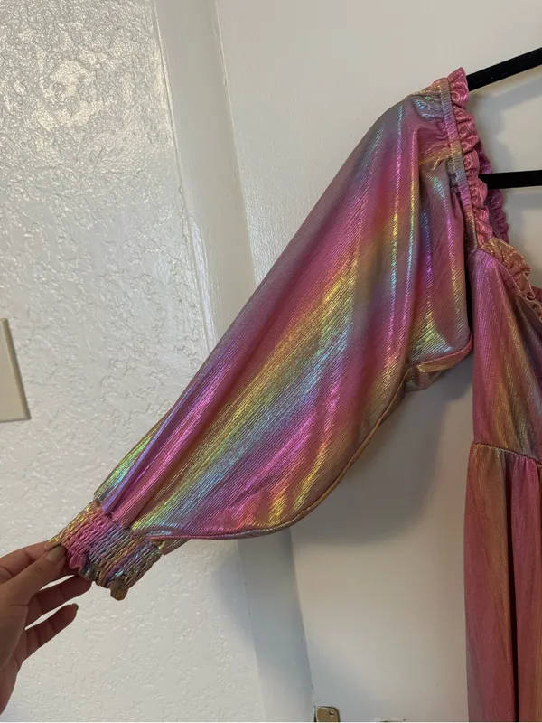 Show Me Your Mumu Downtown Mini Dress Rainbow Sunset Shine Iridescent Size L - Image 3