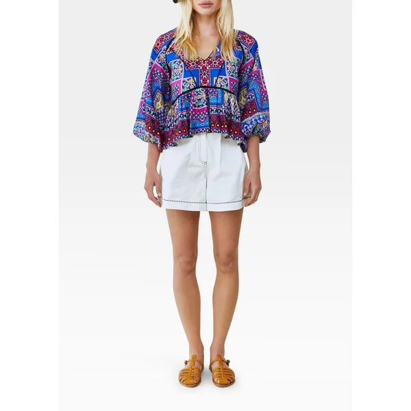 Hunter Bell Women Grayson Linen Patchwork V-Neck Top Medium Blue Mosaic Peplum - Image 6