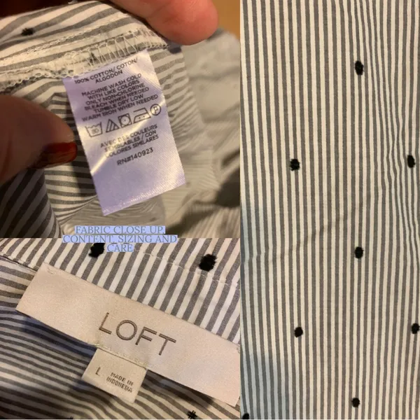 Loft Gray, Black & White Stripes & Polka-Dot Cotton Button Down Top (L) - Image 9