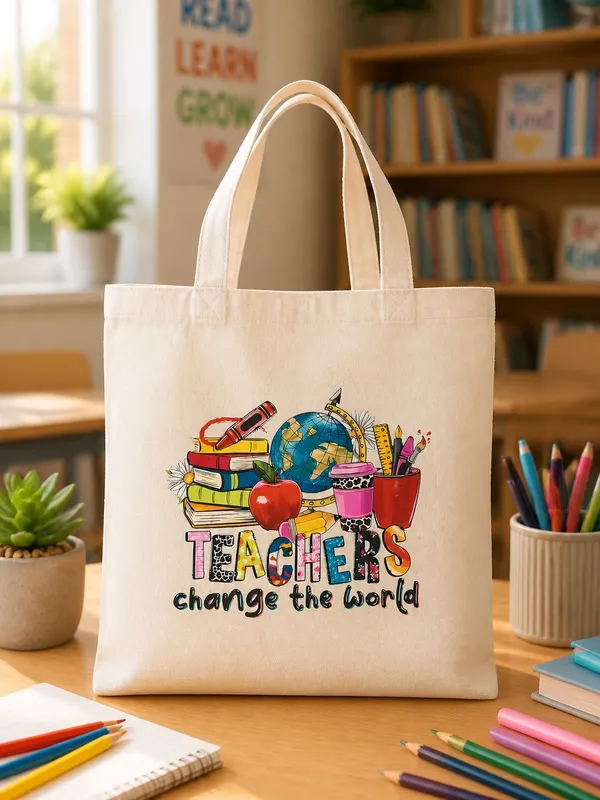 Teachers Change the World Canvas Tote - Cream with Colorful Print - Image 2