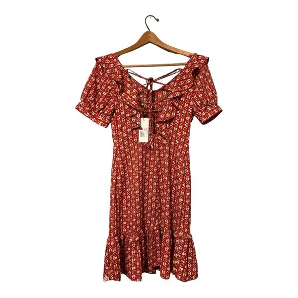 Molly Bracken Fit‎ & Flare Dress Red White Abstract Scoop Neck Ruffle Hem XS - Image 4
