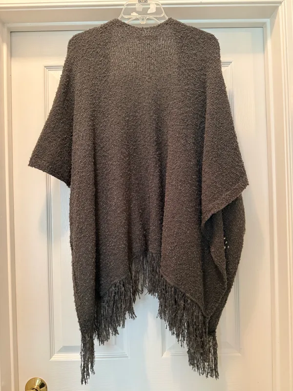 Riah Fashion Cozy Fringe Knit Cardigan Poncho - Charcoal Gray - Image 2