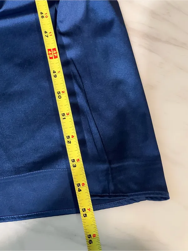 Abercrombie & Fitch Navy Satin Maxi Dress Open Back Ruched Slit Size S Tall - Image 12