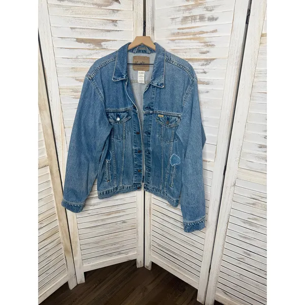 VINTAGE LEVI STRAUSS Women's XL Denim Jean Button Trucker Jacket Heart Patches - Image 5