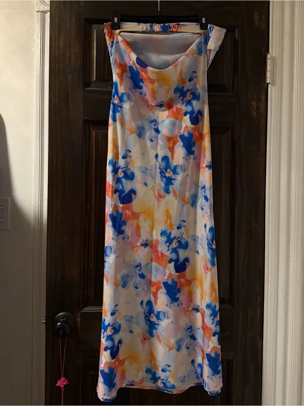 SheIn Strapless Floral Midi Dress - Blue, Coral, Yellow - Image 3