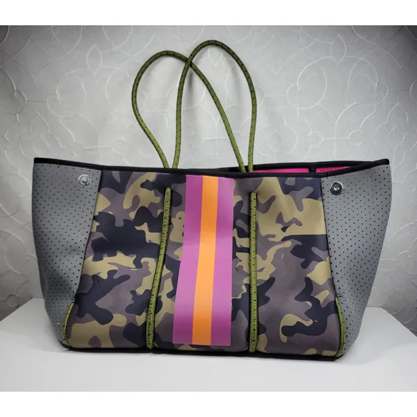 Haute Shore Camo Neoprene Tote Bag Pink Orange Stripe w/ Cosmetic Bag Gym Beach - Image 2