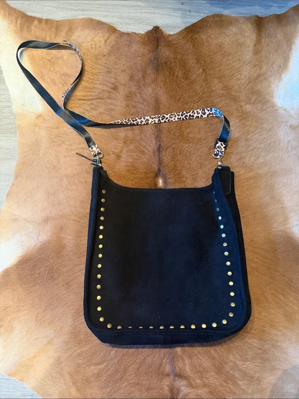 Ahdorned Black Micro Suede Studded Messenger Crossbody Bag Interchangeable Strap - Image 3