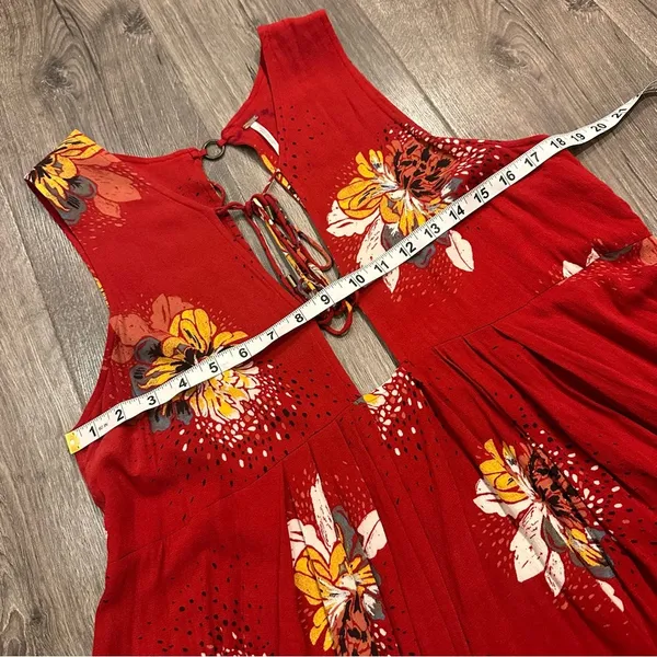 Free People Lovely Day Red Floral Tie Front Tunic Mini Dress S Boho Flowy Boxy - Image 7