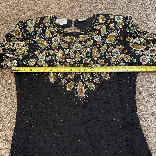 Vintage Stenay Silk Beaded Sequin Dress 10 8 6 80s Gatsby Floral Party Cocktail - Image 9
