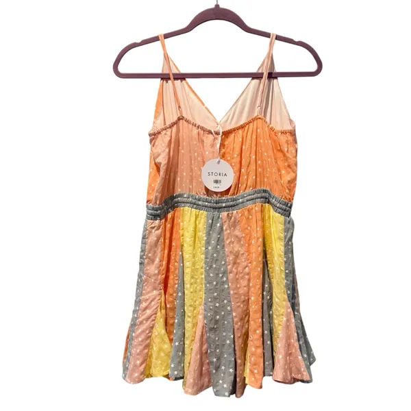 Storia Star Patchwork Polka Dot Tie Waist Romper Orange Yellow Grey‎ Size Medium - Image 3