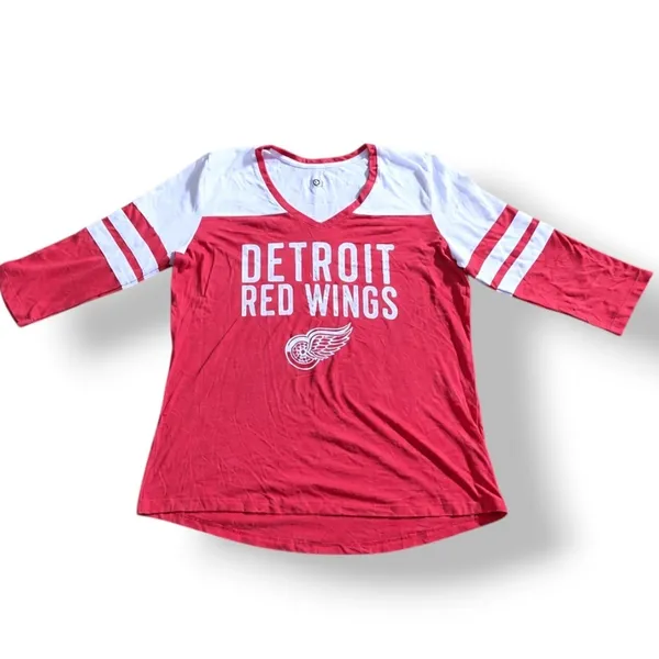 Fanatics NHL Detroit Red Wings Womens Red White V-Neck 3/4 Sleeve Graphic Top Large - Image 2