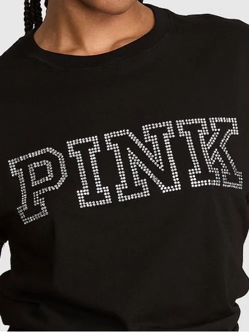 PINK Victoria's Secret Black Bling Diamanté Logo Campus Tee & Fleece Shorts L - Image 4