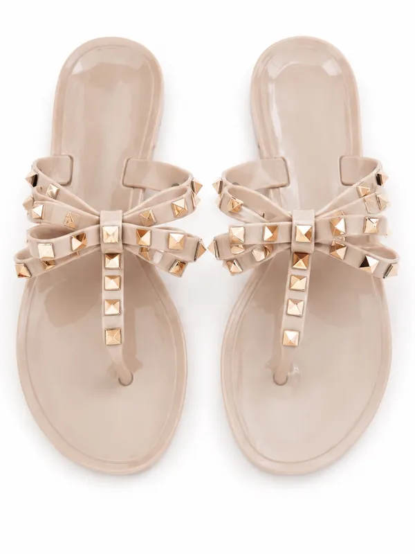 Wild Diva Nude Jelly Sandals Gold Pyramid Stud Bow Flats - Image 2