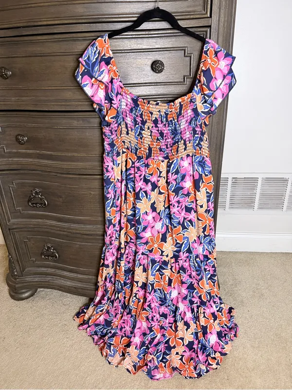 Floral Maxi Dress in Navy with Pink & Orange Blooms - Image 2