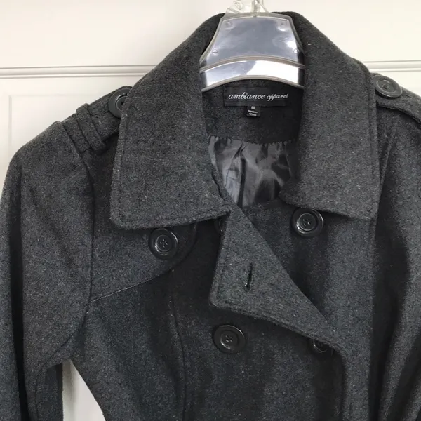 Ambiance Dark Gray Wool Blend Trench Coat Jacket Size Medium - Image 3