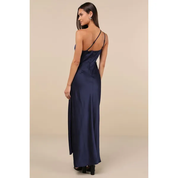 NWOT Lulus Signature Elegance Navy Satin One-Shoulder Maxi Dress Bridesmaid XS - Image 3