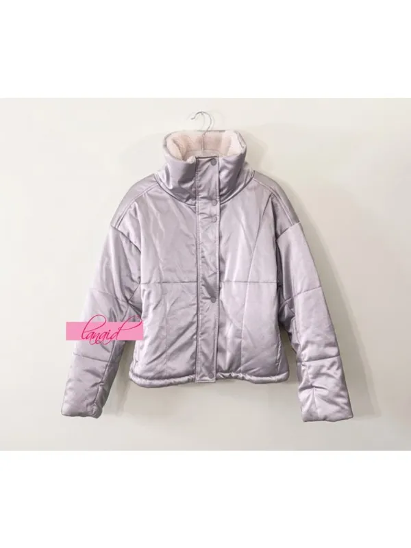 Alo Orion Cropped Puffer Silver Ivory Shiny Metallic Warm Sherpa-Lined Coat L - Image 6
