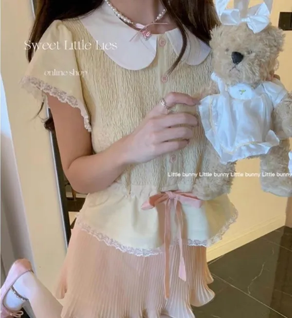 Pastel Yellow Japanese Kawaii Ballet Cottage Pink Ribbon Button Down Shirt Top - Image 5