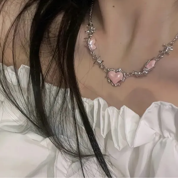 Creative Pink Heart Barbed Wire Silver Plated Choker‎ Length Necklace Soft Goth - Image 7