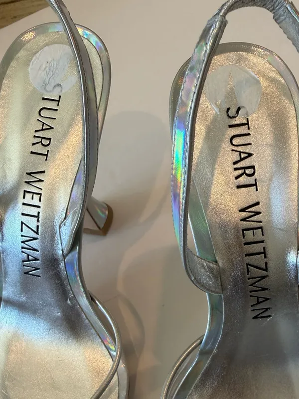 STUART WEITZMAN Xcurve Slingback Iridescent Silver & Clear Pointed Toe Pumps 9 - Image 12