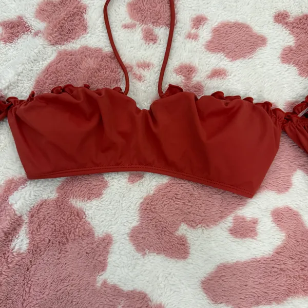 Rust Red Puff Sleeve Bikini Top Size S | Padded Bra Cups | Ruffle Trim Swimwear - Image 4