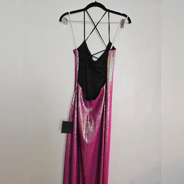 Lulu's Glam Diva Iridescent Hot Pink Sequin Lace-Up Maxi Dress - Image 5