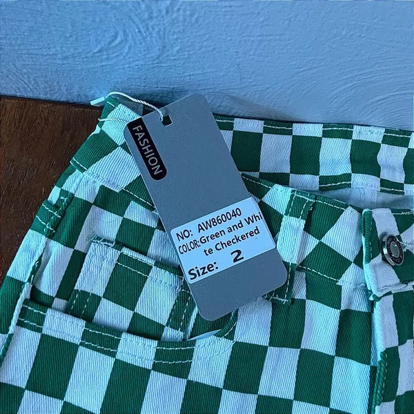 Fashion Green White Checkered Flare Jeans High Waisted Wide Leg Size 2 NEW - Image 10