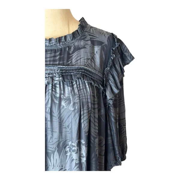 Pookie & Sebastian Shirt Women Large Blue Floral Ruffle Trim Blouse‎ Tropical - Image 7