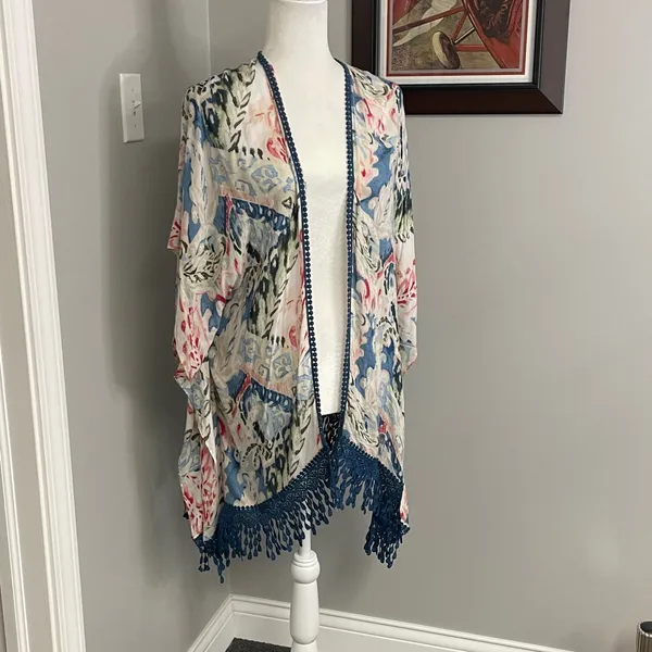 Chicos Floral crochet tassel loose cardigan shawl lightweight colorful S/M - Image 2