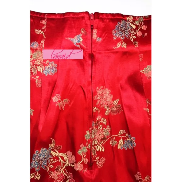 Chinese Oriental Asian Japanese Red Floral High-Rise Waist Shiny Sateen Slacks - Image 5