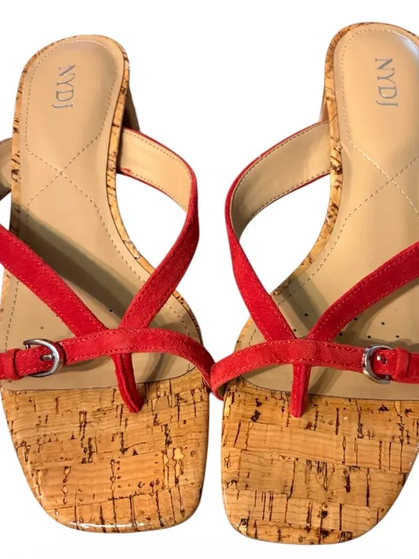 NYDJ Red Suede Cork Square Toe Thong Heeled Sandals Women's Size 7 New - Image 2