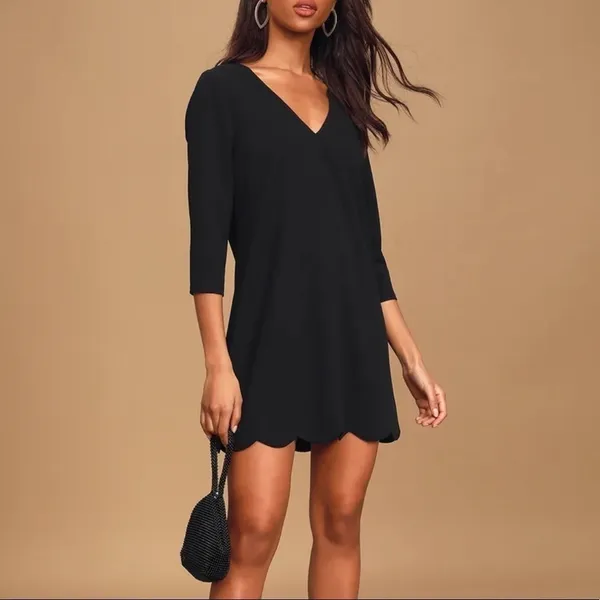 Lulus Love It All Three-Quarter Sleeve Scalloped Shift Dress in Black‎ Size XS - Image 8