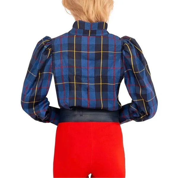 Gretchen Scott Plaid Puff Sleeve Blouse Women Medium Blue Excellent Tartan Top - Image 2