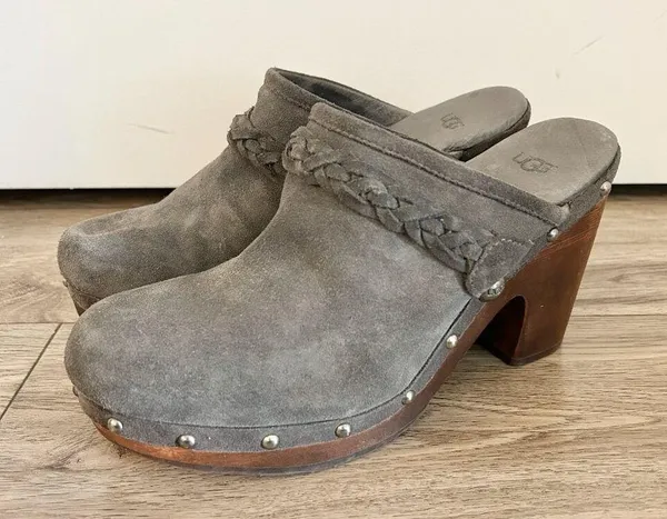 UGG Australia Dark Gray Fleece Kaylee Wooden Platform Clogs Size 9 - Image 5