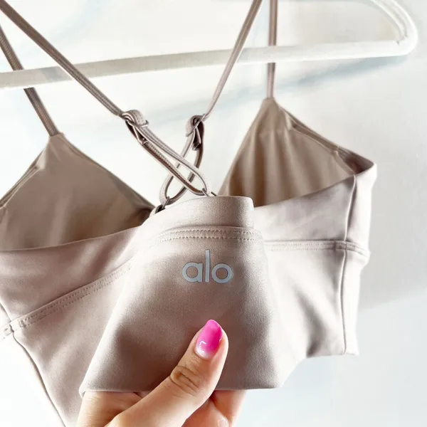Alo Airlift Divine Ruched Center X Back Sports Bra Taupe Small - Image 6