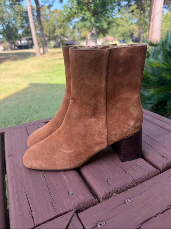 Ann Taylor Brown Suede Square Toe Sculptural Heel Boots Size 9 - Image 3
