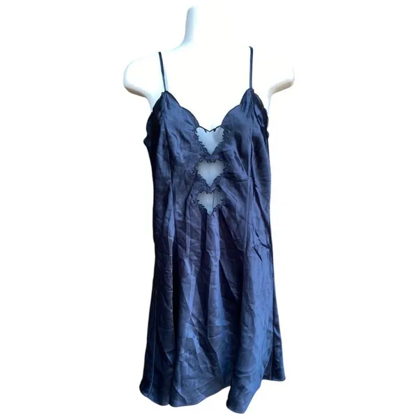 Vtg Fairy Grunge Black Slip Mini Dress Whimsigoth Romantic Satin Hearts Small - Image 3